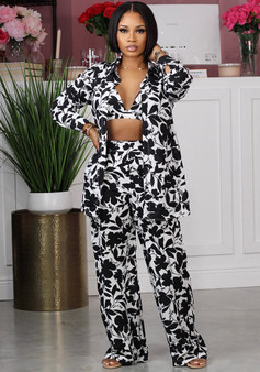 Sexy Women's Printed Long Sleeve Shirt Pants Vest Three-Piece Outfit