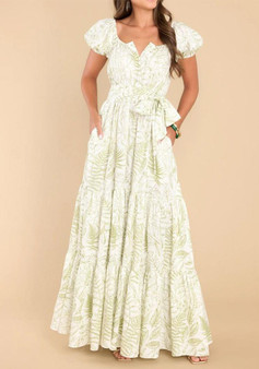 Spring Summer Printed Puff Sleeves Belt Chic Elegant Long Dress