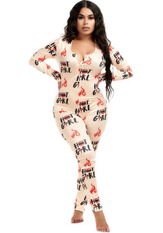 Women Round Neck Long Sleeve Printed Jumpsuit