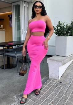 Women Summer Solid Sleeveless Strapless Top and Long Skirt Women Two-piece Set