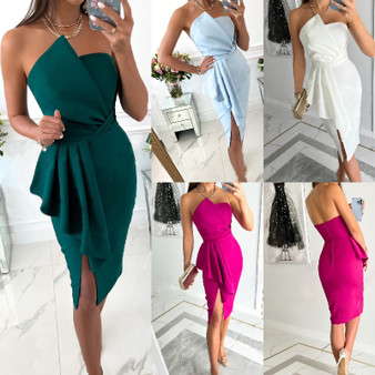 Summer Sexy Chic Women's Strapless Irregular Skirt Slit Nightclub Party Dress