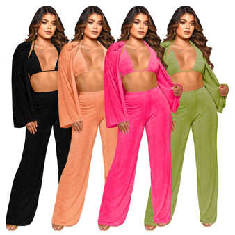 Women Clothes Long Sleeve Coat Bra Top Wide Leg Pants Solid Casual Fashion Three Piece Set