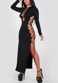 Sexy Hollow Lace-Up Slim-Fitting High-Side Slit Long-Sleeved Irregular Dress