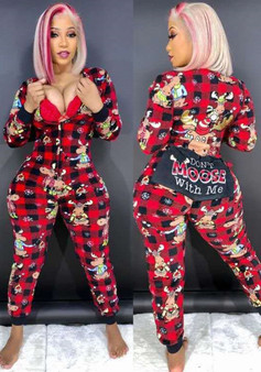 Autumn And Winter Women's Cartoon Pattern Printed Contrast Color Zipper Jumpsuit Home Pajamas