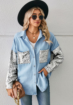 Women Loose Leopard Patchwork Denim Long Sleeve Shirt