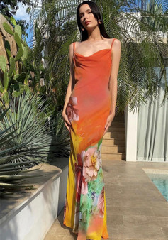 Holidays Style Printed Sexy V-Neck Sleeveless Strap Long Dress