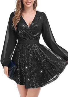 Women's Sequin Loose Party Dress Long Sleeve Casual Loose Mini Short Gown