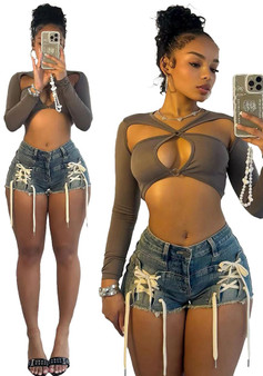 Women's Spring/Summer Fashion Slim Fit Style Lace-Up Stretch Denim Shorts