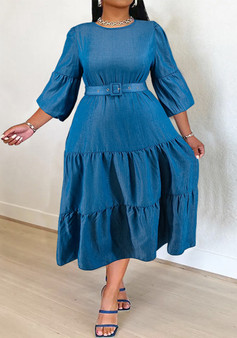 Plus Size Women's Pleated Denim Dress With Belt