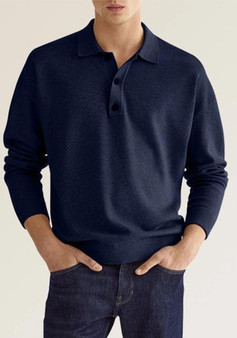 Fall Long Sleeve V Neck Button Men Casual Top Polo Shirt