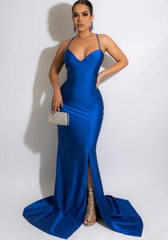 Women'S Sexy V-Neck Solid Color Slit Long Nightclub Dress