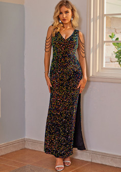 Women Beaded Sleeveless V-Neck Maxi Evening Gown