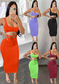 Women's Spring Summer Solid Color Strap Slim Two Piece Skirt Set