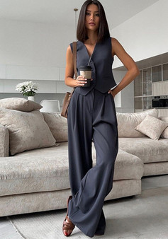 Women 's Spring V-Neck Sleeveless Vest Wide-Leg Trousers Casual Suit