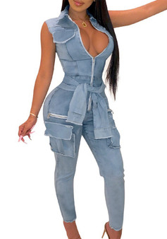 Women Summer Pockets Denim Jumpsuit