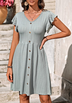 Summer Women's V-Neck Button-Down Slim Waist Stretch Short-Sleeved Dress