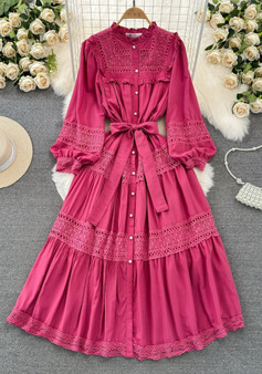 Luxury Chic Lantern Sleeve Long Sleeve Stand Collar Slim Waist Slim Fit A-Line Hollow Dress