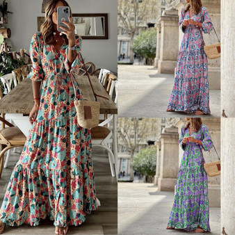 Plus Size Women Dress Printed Short Sleeve Tie-Up Maxi Dress