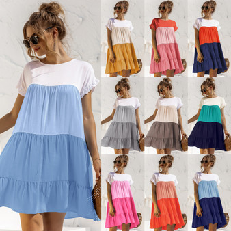 Women Summer Colorblock Loose Short Sleeve Dress