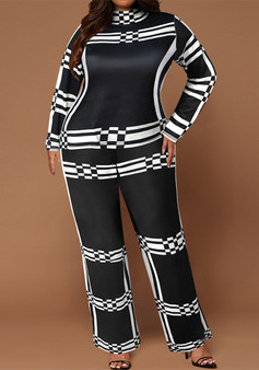 Plus Size Women Stand Collar Striped Long Sleeve Top and Straight Pants Two-piece Set