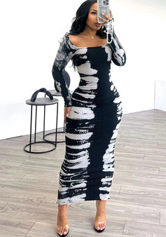 Women Printed Long Sleeve Square Neck Sexy Bodycon Dress