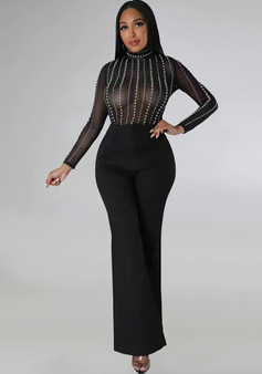 Black Transparent Mesh  Long-Sleeved Top Pants Sexy Nightclub Two-Piece Set