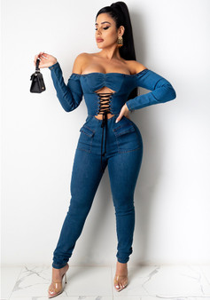 Women's Off Shoulder Lace-Up Sexy Denim Jumpsuit