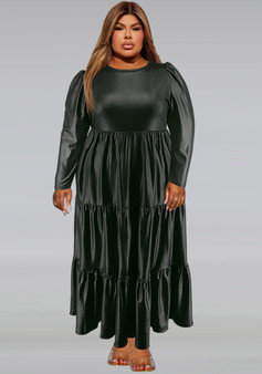 Plus Size Women Pu-Leather Round Neck Long Sleeve Cake Dress