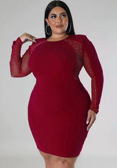 Party Fashion Round Neck Long Sleeve Beaded Plus Size Dress