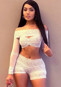 Women summer lace Patchwork Off Shoulder Top And stretch shorts two-piece set