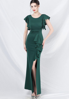 Women Ruffles Short Sleeve Slit Party Evening Dress