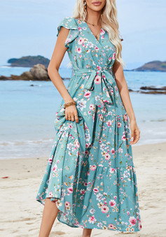 Printed Belt V-Neck Short Sleeve Bohemian Holidays Beach Dress