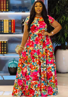 Sexy Printed Slim Waist Patchwork Short Sleeve Maxi Long Dress