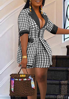 Fashion Women's Plaid Turndown Collar Short-Sleeved Coat Shorts Two-Piece Set