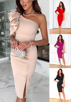 Career Solid Color Slash Shoulder Slim Waist Irregular Slit Dress