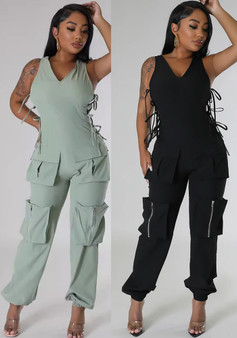 Women v-neck Lace-Up Cargo Jumpsuit