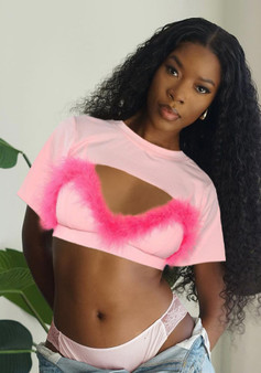 Women Summer Crop Feather T-Shirt Two-piece Set