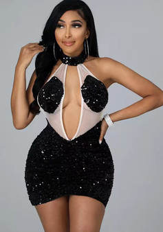 Fashion Women's Sexy Mesh Sequin Halter Neck Sleeveless Bodycon Nightclub Dress