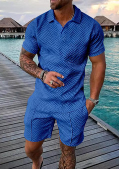 Men's Summer Fashion Casual Printed Turndown Collar Polo Shirt Shorts Two Piece Set