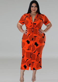 Plus Size Women Button Turndown Collar Short Sleeve Maxi Dress