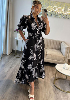 Chic Printed Puff Sleeve Ruffle Casual Women's Long Dress