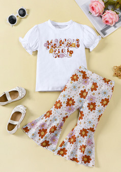 Girls Spring Summer Short Sleeve Letter Print Cottont-Shirt Bell Bottom Pants Set Girls Baby Set