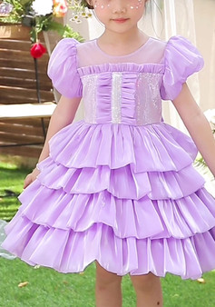 Girls Organza Puff Sleeve Cake Dress Children's Performance Birthday Fluffy Princess Dress