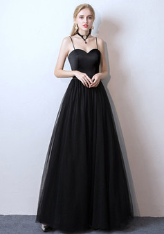 Women Black Suspender Formal Party Maxi Evening Dress