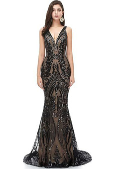 Women Sleeveless Sexy V-Neck Formal Party Sequin Evening Dress