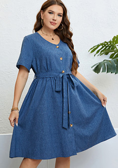 Women's Summer Blue Button Belted Slim Waist  Short Sleeve Plus Size Casual Dress