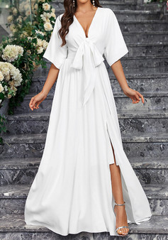 Elegant White V-Neck Slit Half-Sleeve Bow Tie Spring And Summer Women's Dress