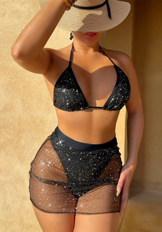 Two Pieces Triangle Bikini Shiny Mesh Skirt Women's Sexy Swimsuit Set