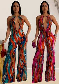 Women Printed Sleeveless V Neck Color Block Backless Jumpsuit