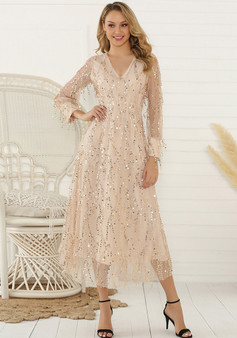 Women's Spring Summer Long Sleeve Sequin Tassel Ladies Long Dress